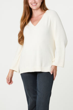Ribbed V-Neck Knit Jumper