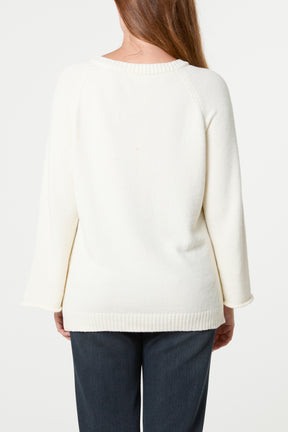 Ribbed V-Neck Knit Jumper