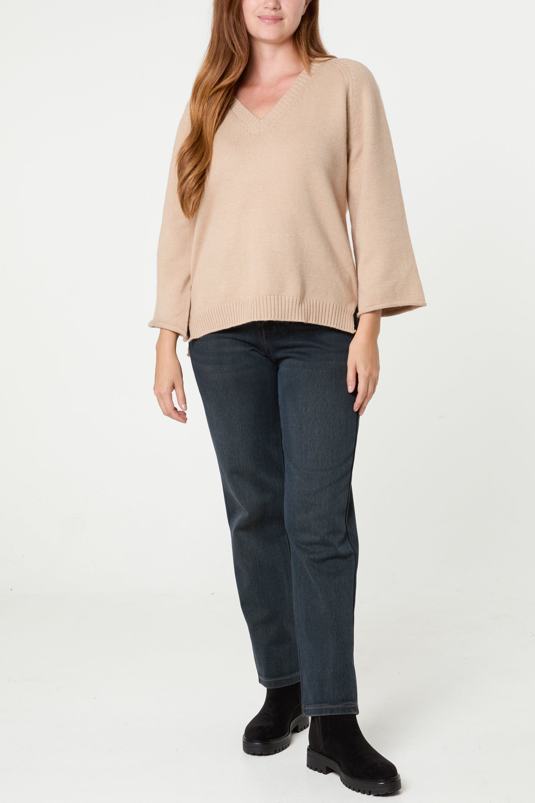 Ribbed V-Neck Knit Jumper
