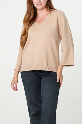 Ribbed V-Neck Knit Jumper