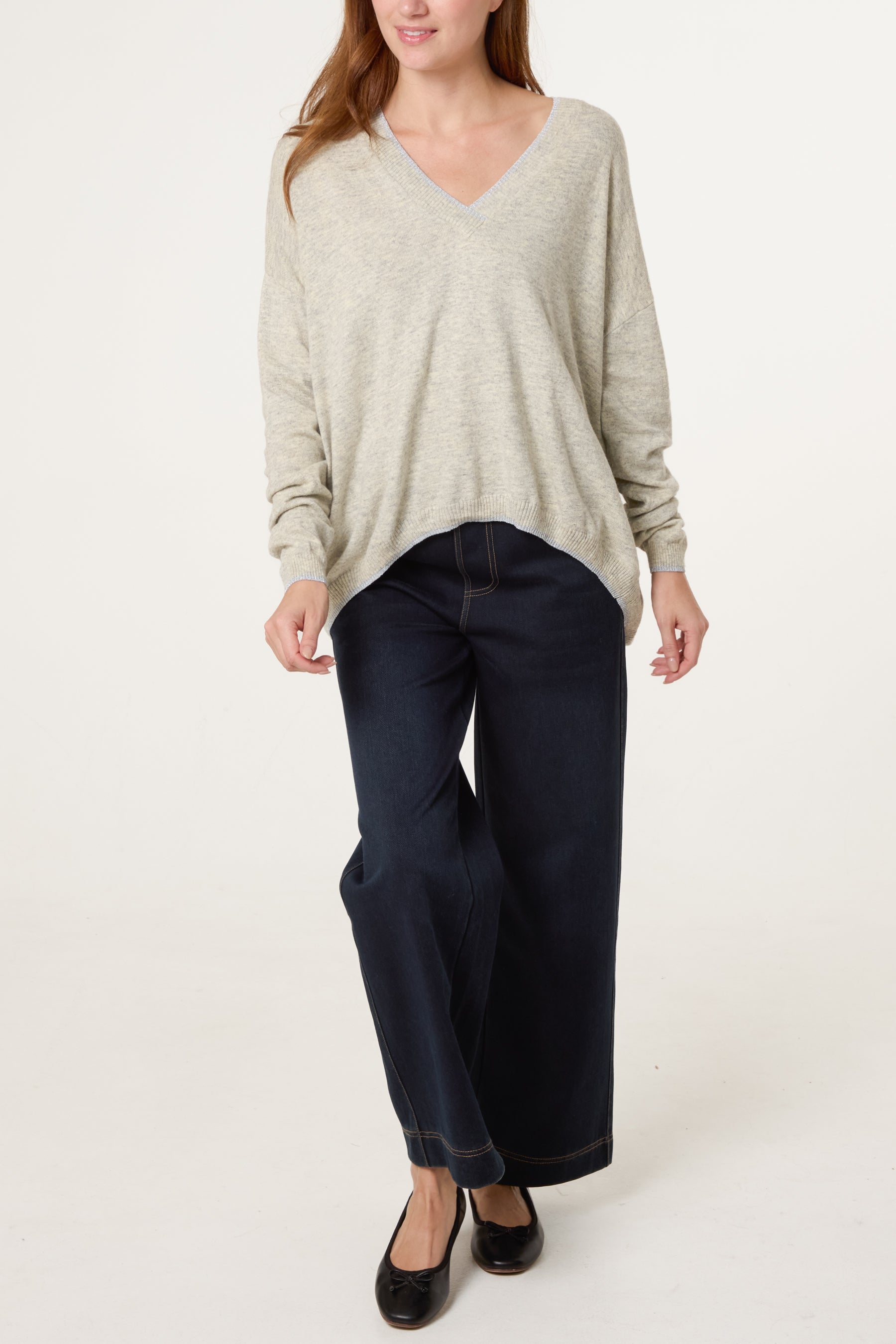 Ribbed V-Neck Knit Jumper