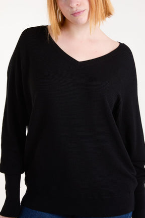 Black Ribbed Knit V-Neck Jumper