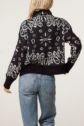 Bandana Print Zip-Through Knit Cardigan
