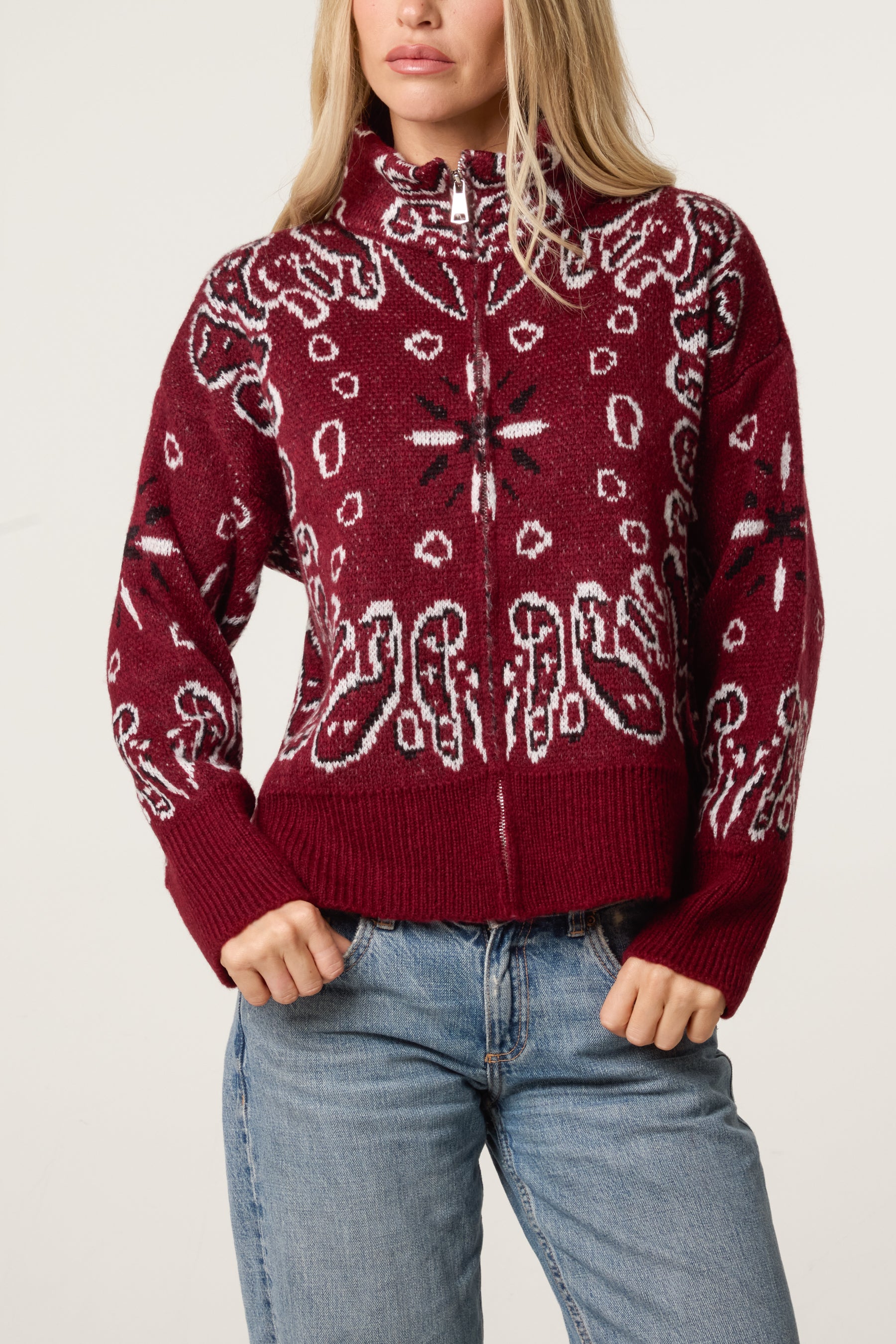 Bandana Print Zip-Through Knit Cardigan