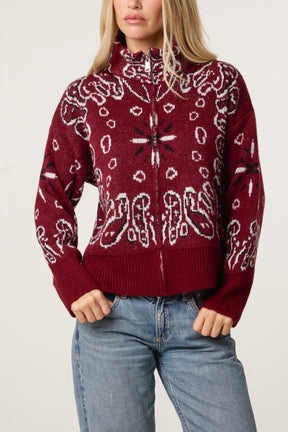 Bandana Print Zip-Through Knit Cardigan