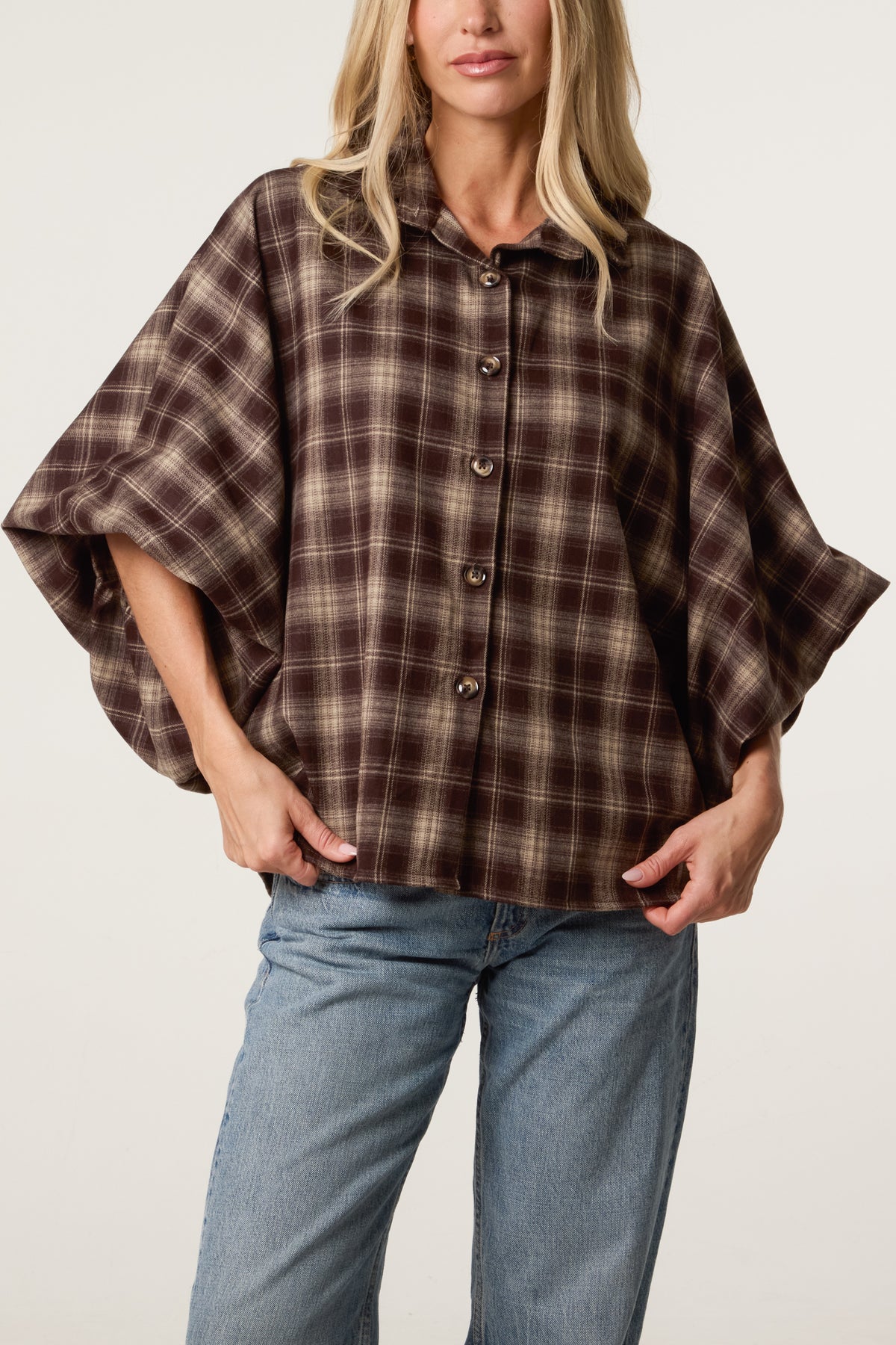 Plaid Balloon Sleeve Loose Fit Shirt