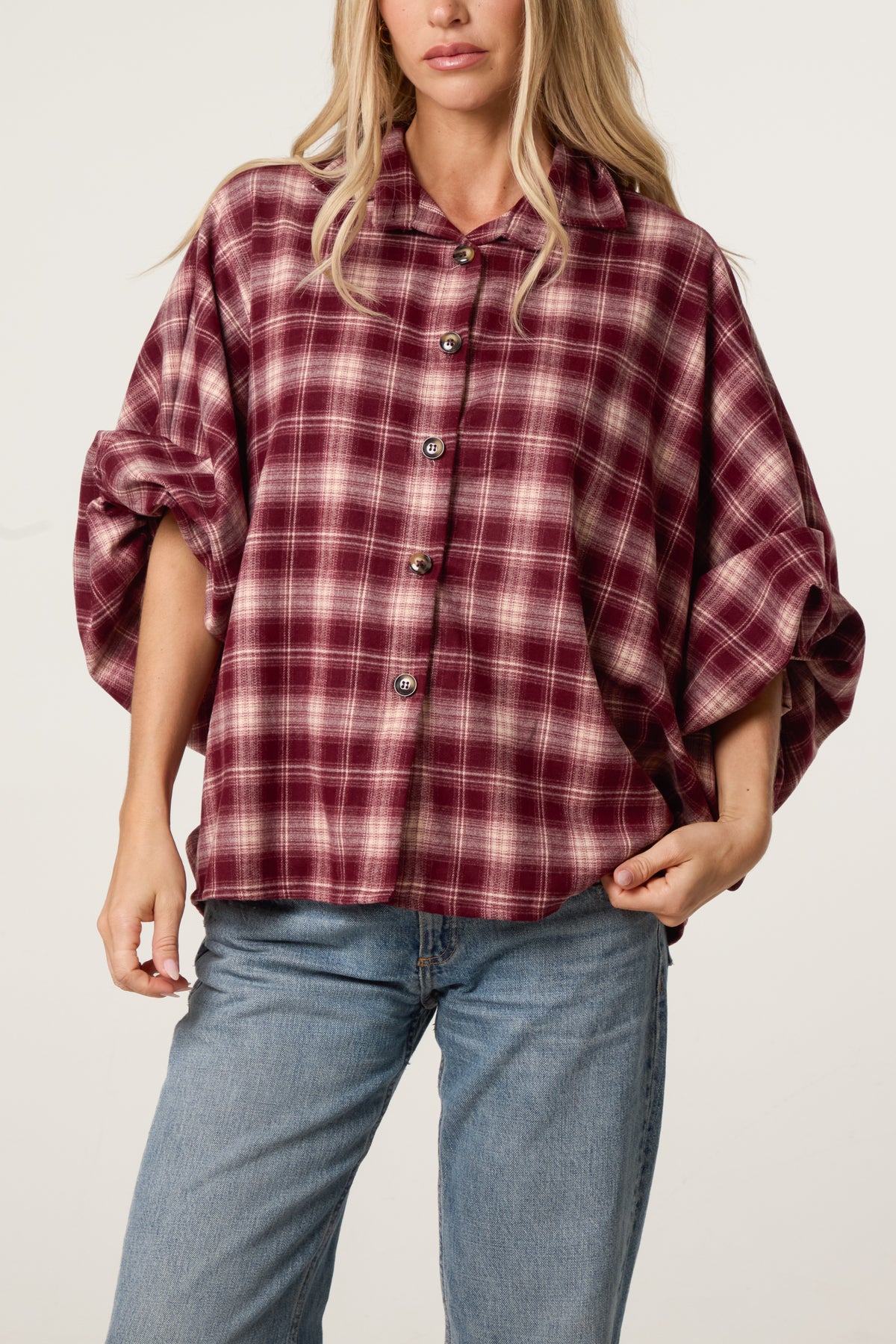 Plaid Balloon Sleeve Loose Fit Shirt