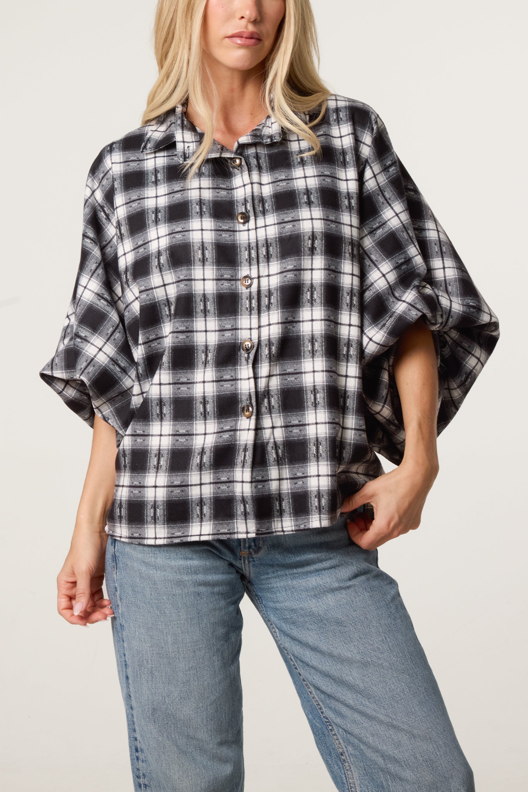 Checked Balloon Sleeve Loose Fit Shirt