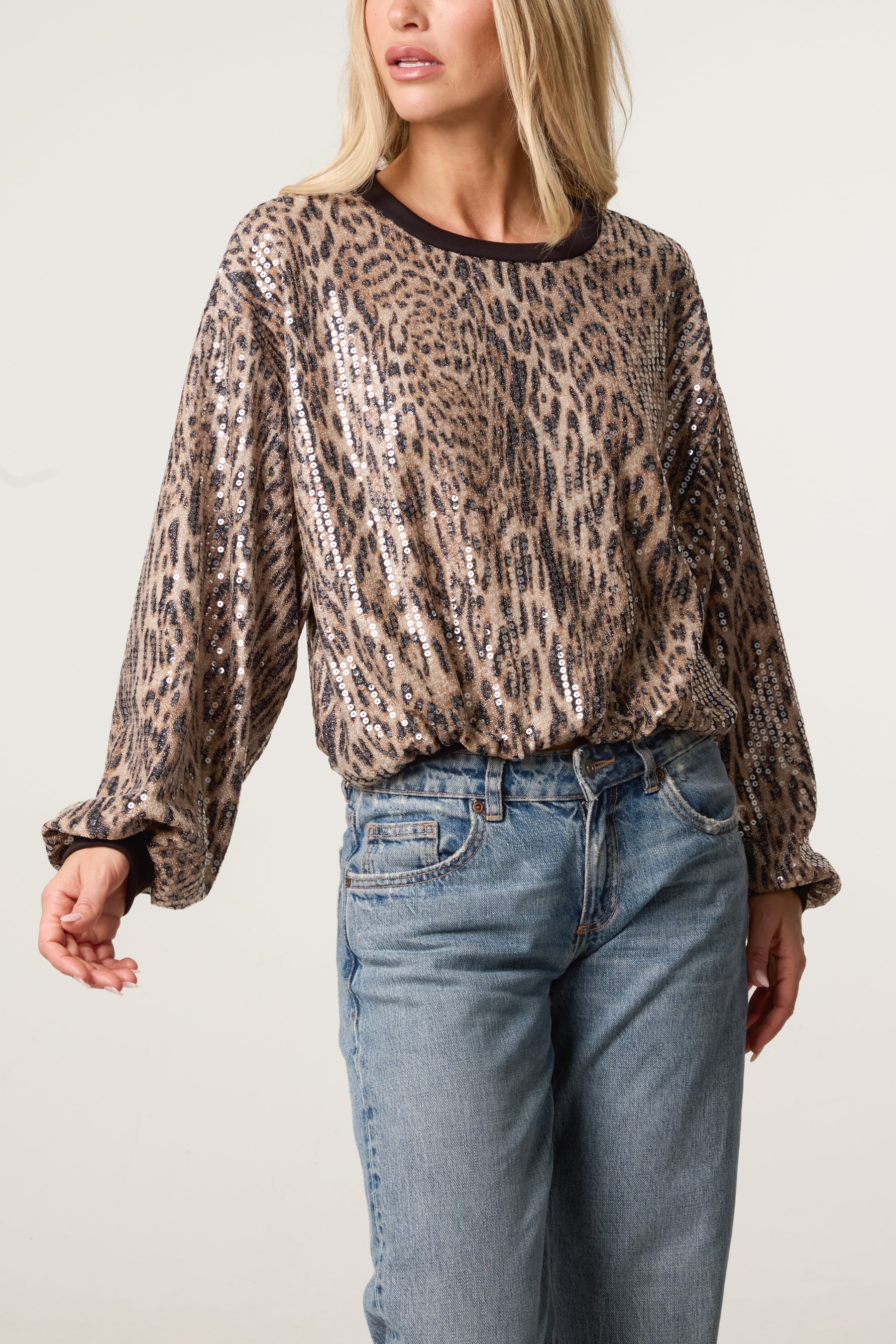 Sequin Leopard Round Neck Jumper