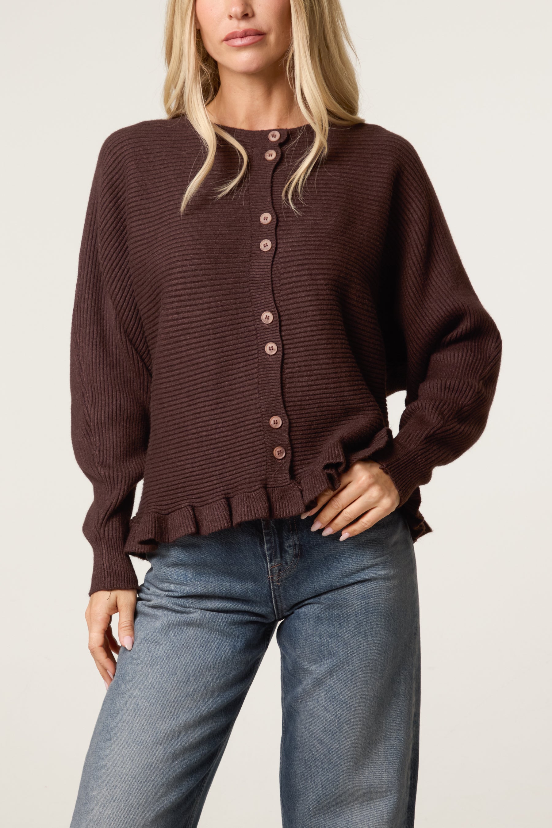 Ribbed Frill Hem Button Up Cardigan