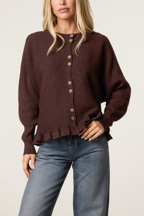 Ribbed Frill Hem Button Up Cardigan