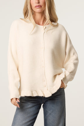Ribbed Frill Hem Button Up Cardigan