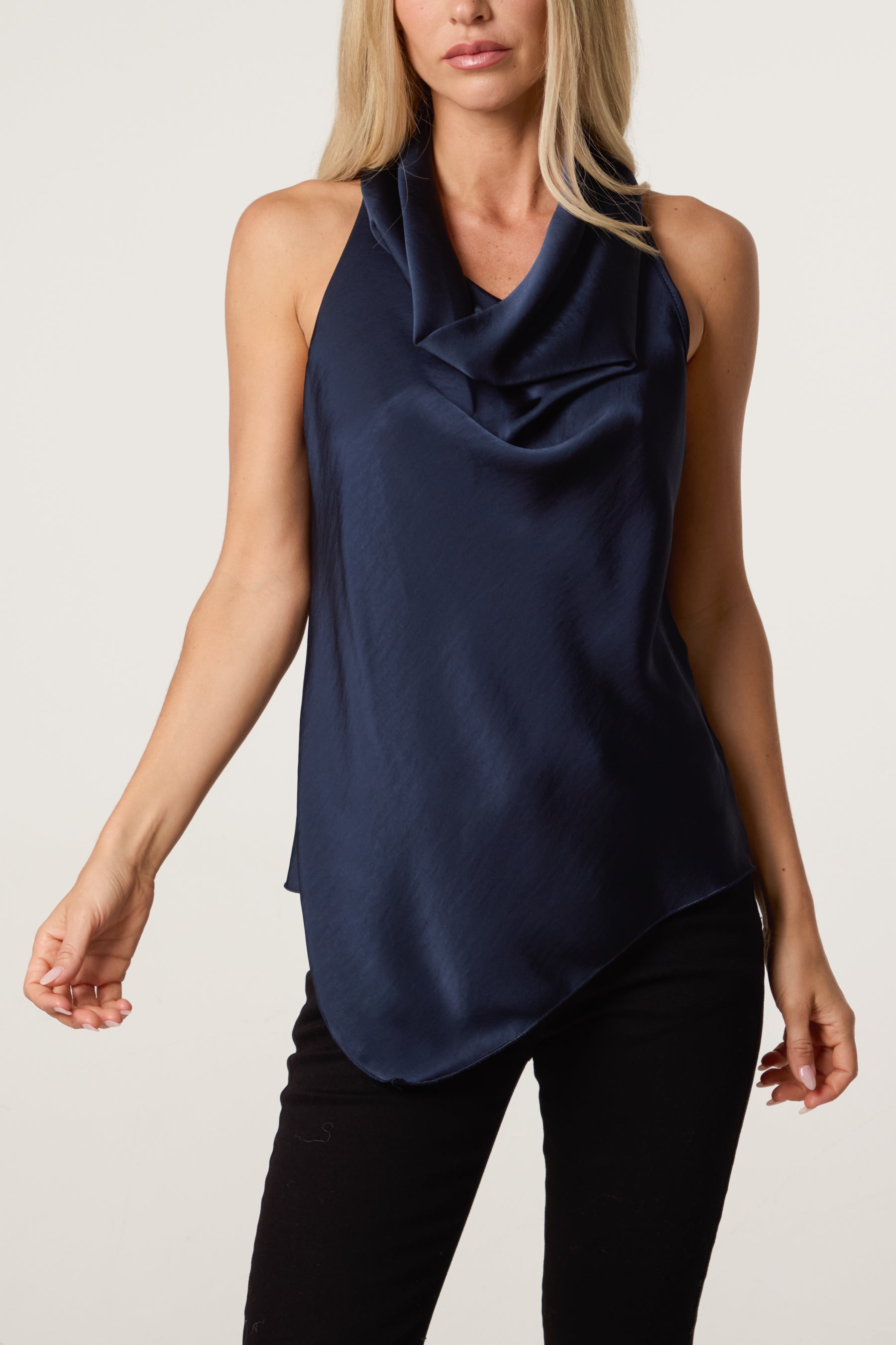 Satin Asymmetrical Cowl Neck Top