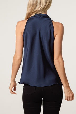 Satin Asymmetrical Cowl Neck Top