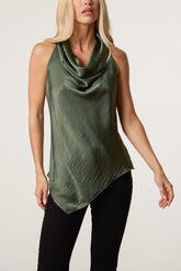 Satin Asymmetrical Cowl Neck Top
