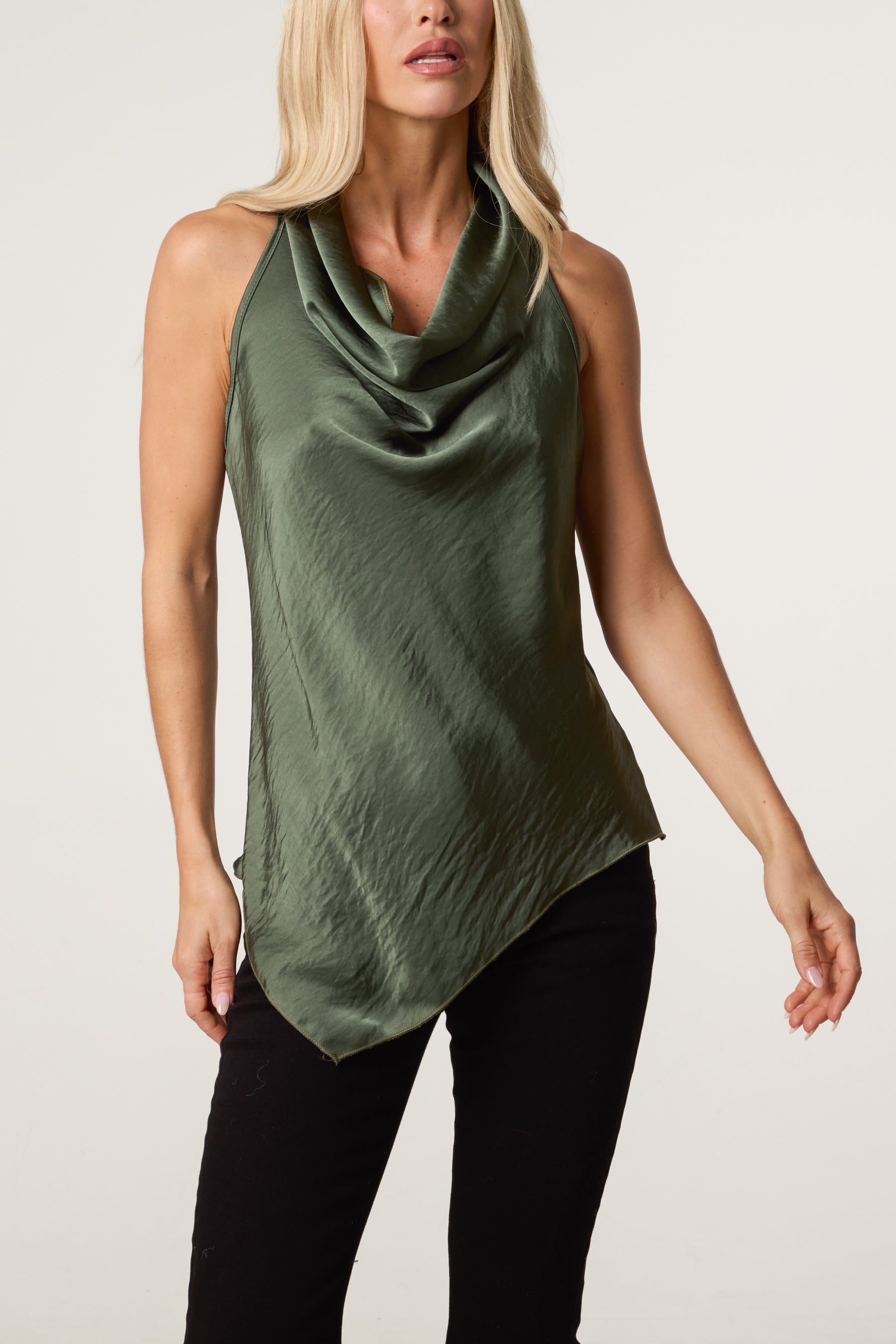 Satin Asymmetrical Cowl Neck Top