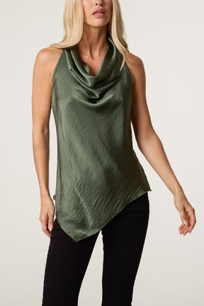 Satin Asymmetrical Cowl Neck Top