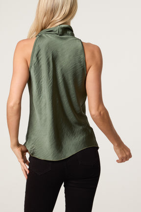 Satin Asymmetrical Cowl Neck Top