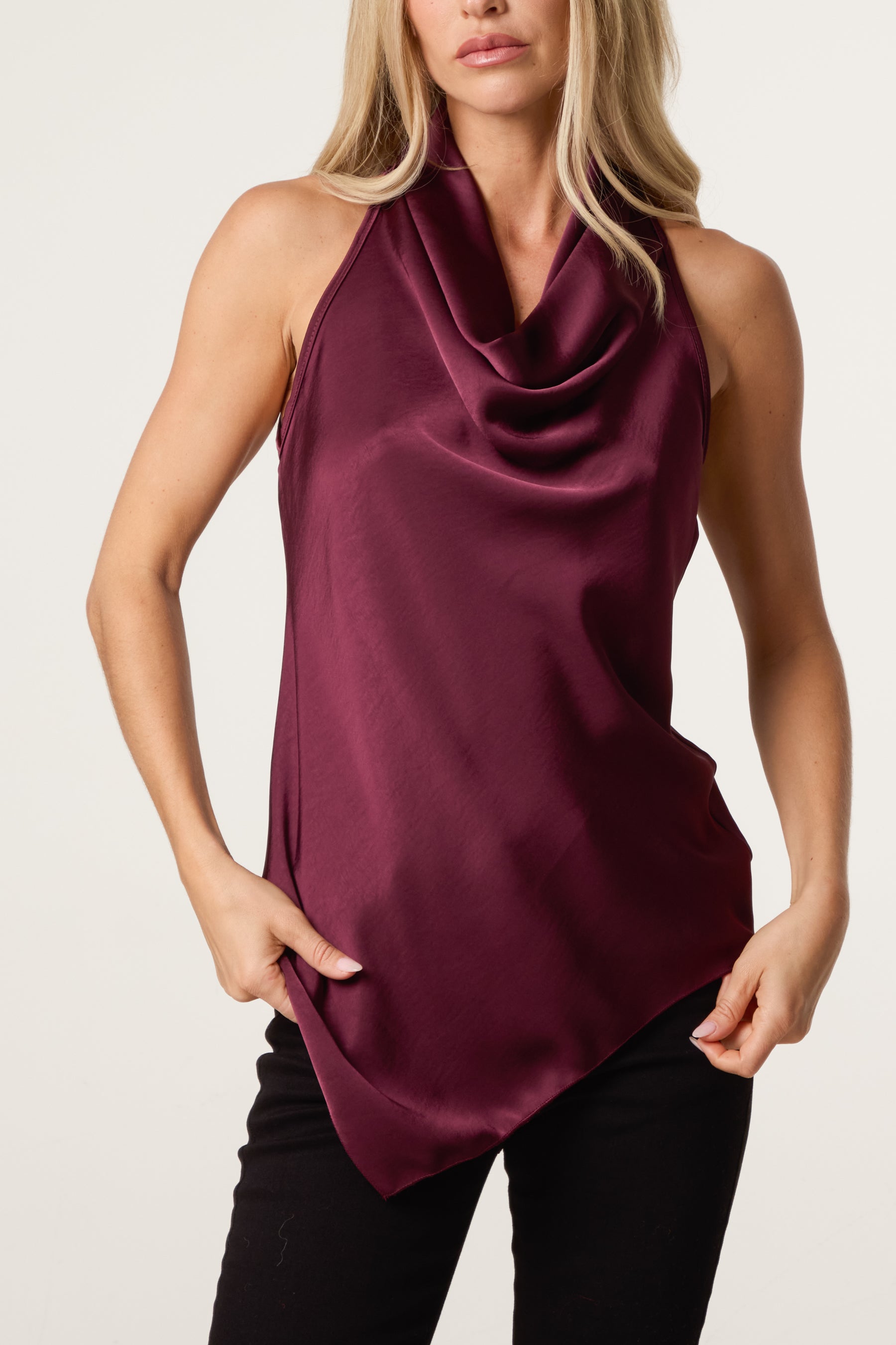 Satin Asymmetrical Cowl Neck Top