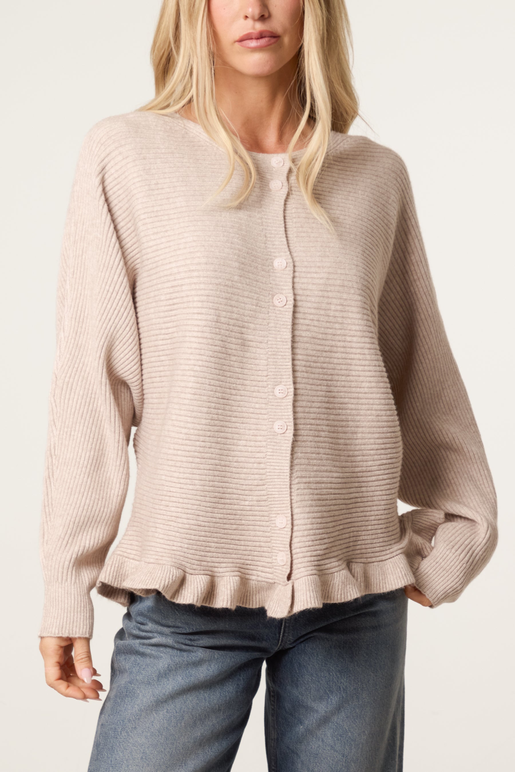 Ribbed Frill Hem Button Up Cardigan