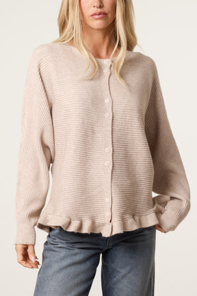Ribbed Frill Hem Button Up Cardigan