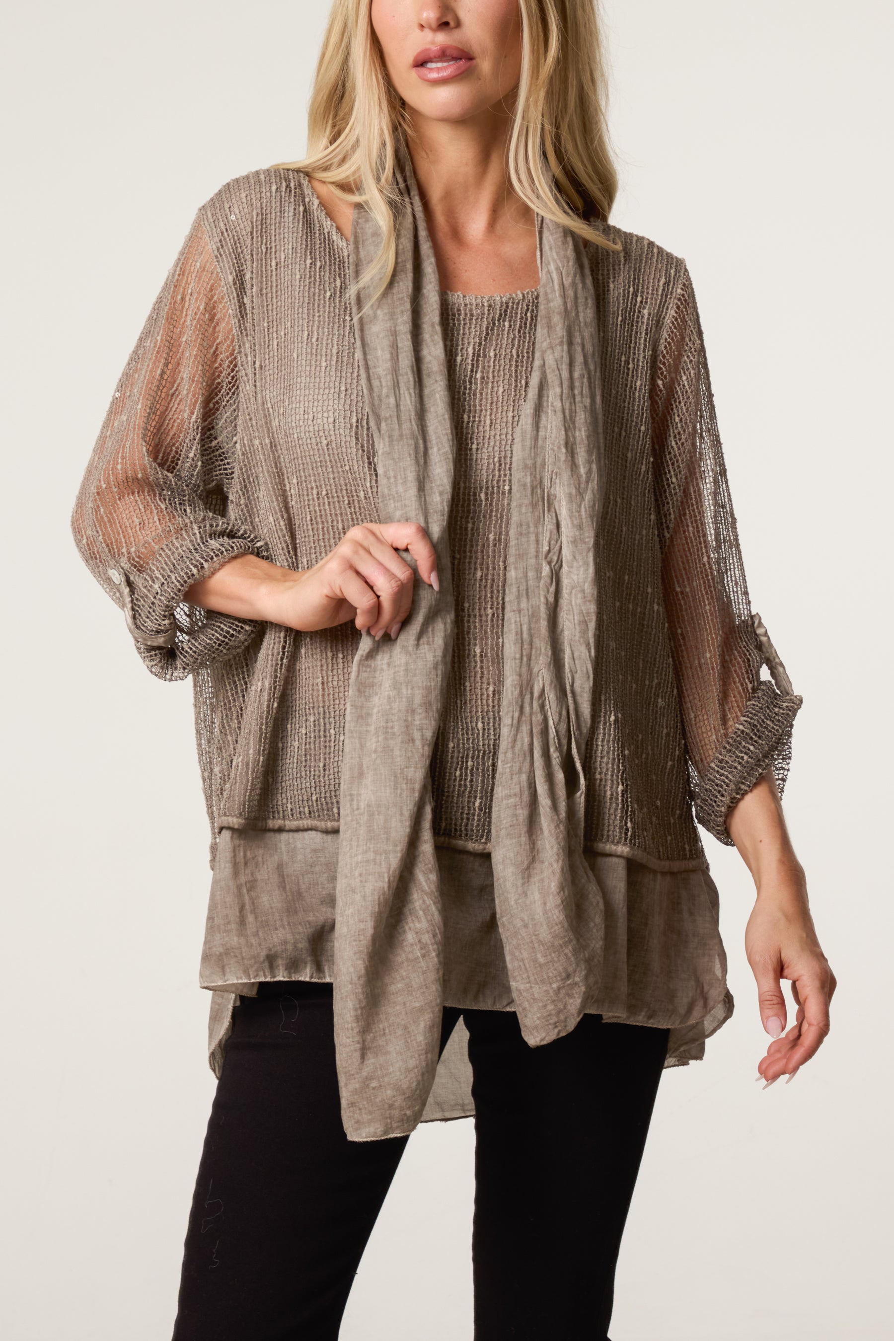 Textured Mesh Tunic & Scarf Top