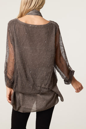 Textured Mesh Tunic & Scarf Top