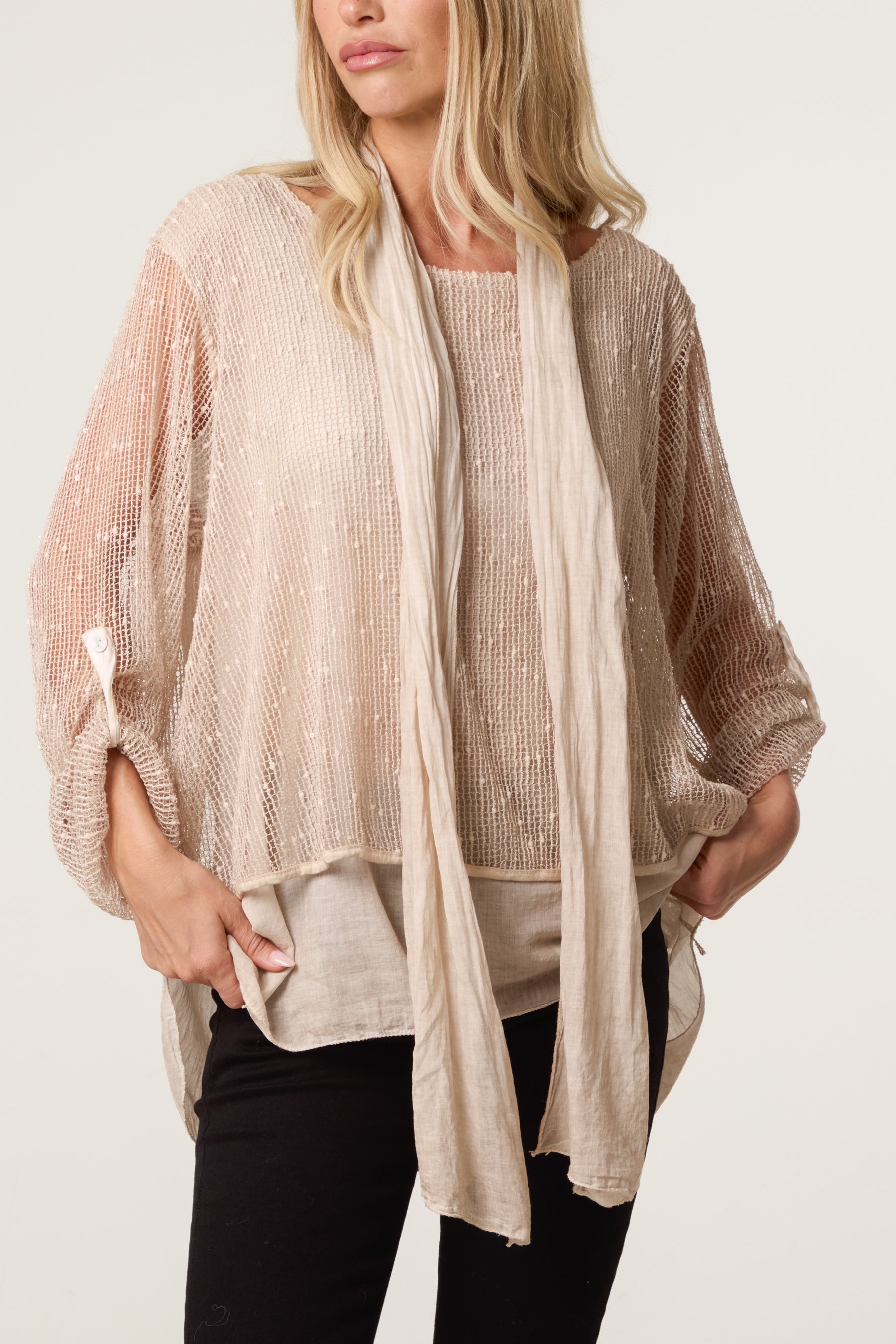 Textured Mesh Tunic & Scarf Top