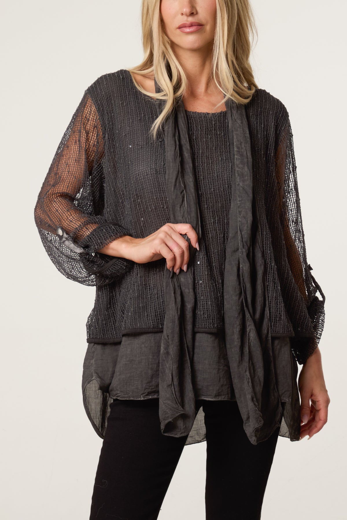 Textured Mesh Tunic & Scarf Top