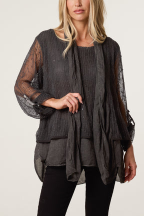 Textured Mesh Tunic & Scarf Top