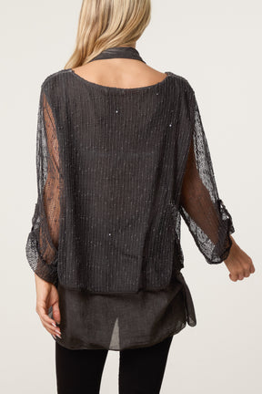 Textured Mesh Tunic & Scarf Top
