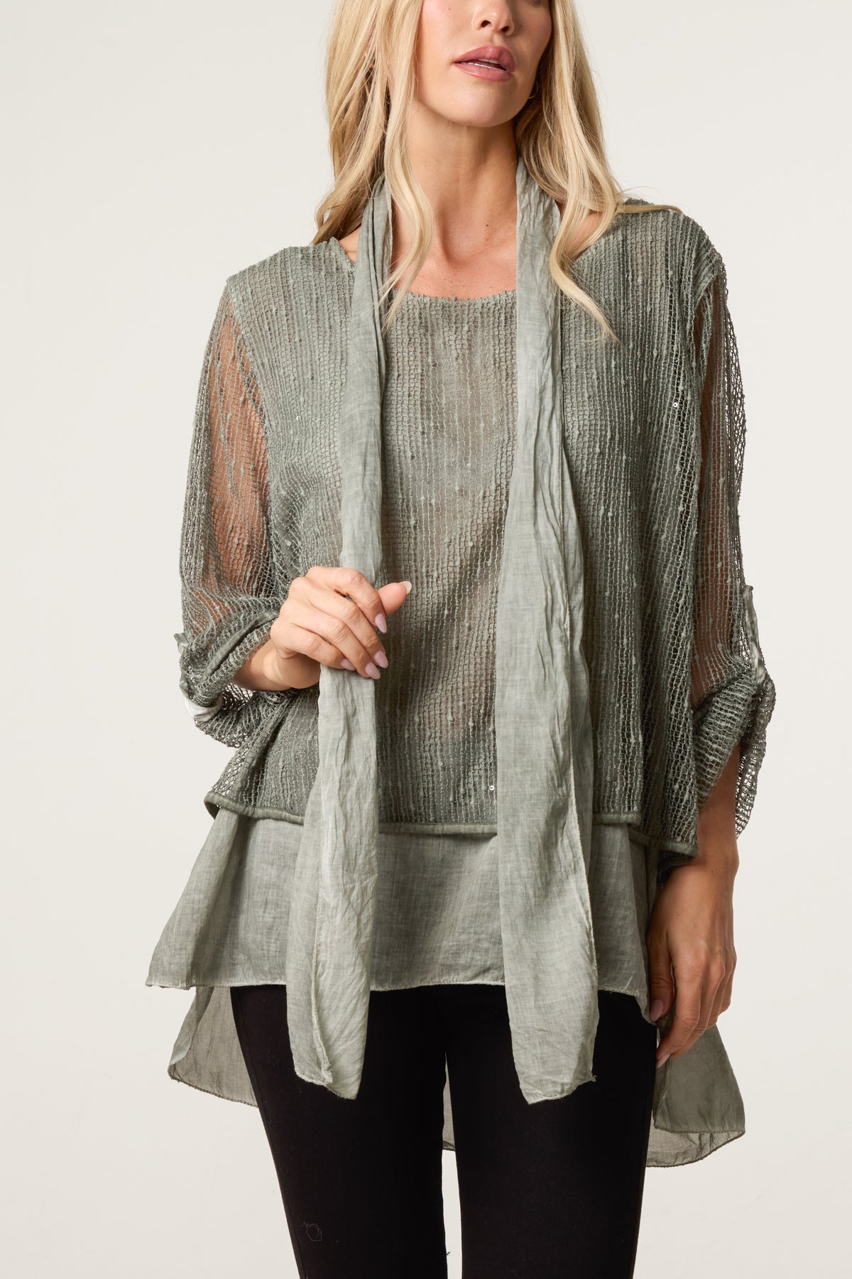 Textured Mesh Tunic & Scarf Top