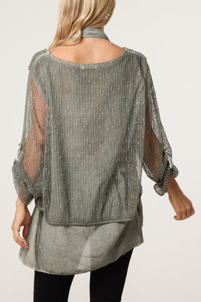 Textured Mesh Tunic & Scarf Top