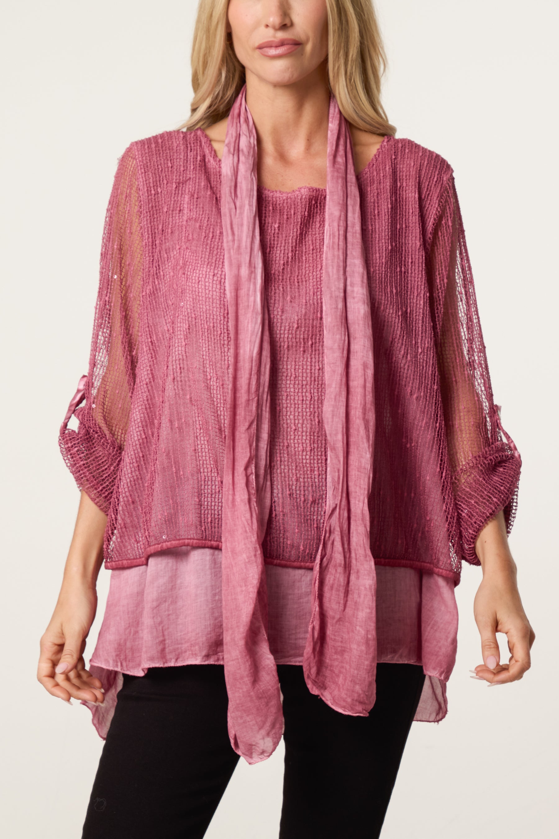 Textured Mesh Tunic & Scarf Top