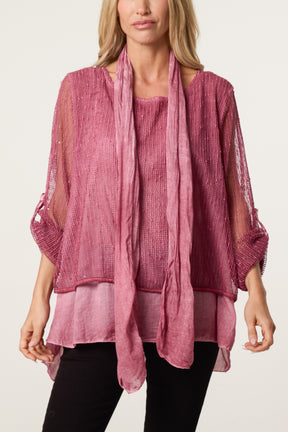 Textured Mesh Tunic & Scarf Top