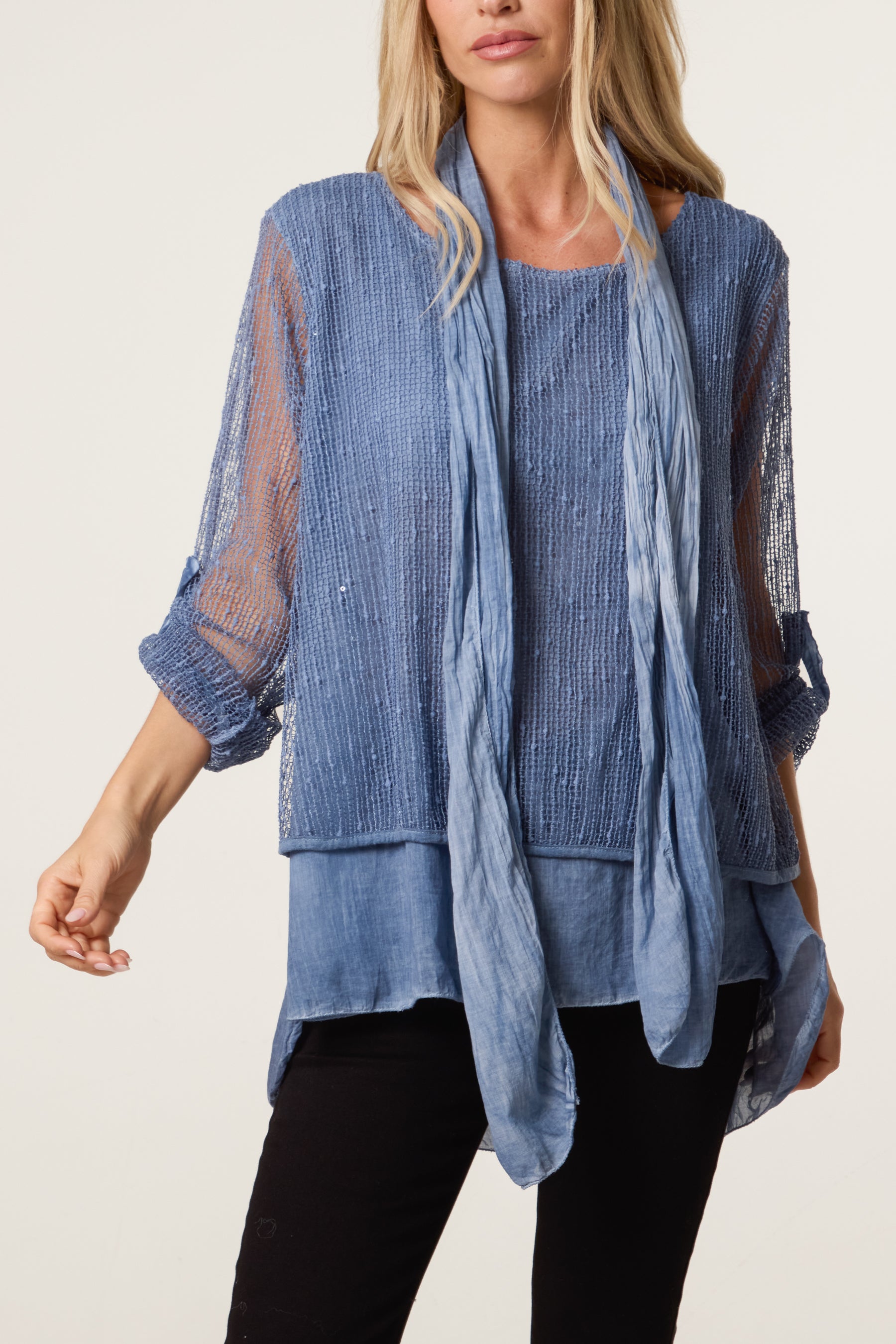 Textured Mesh Tunic & Scarf Top