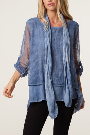 Textured Mesh Tunic & Scarf Top