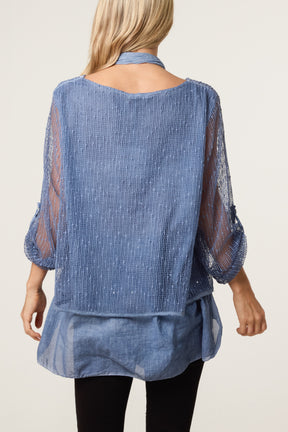 Textured Mesh Tunic & Scarf Top