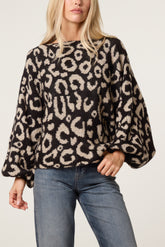 Leopard Print Balloon Sleeve Knit Jumper