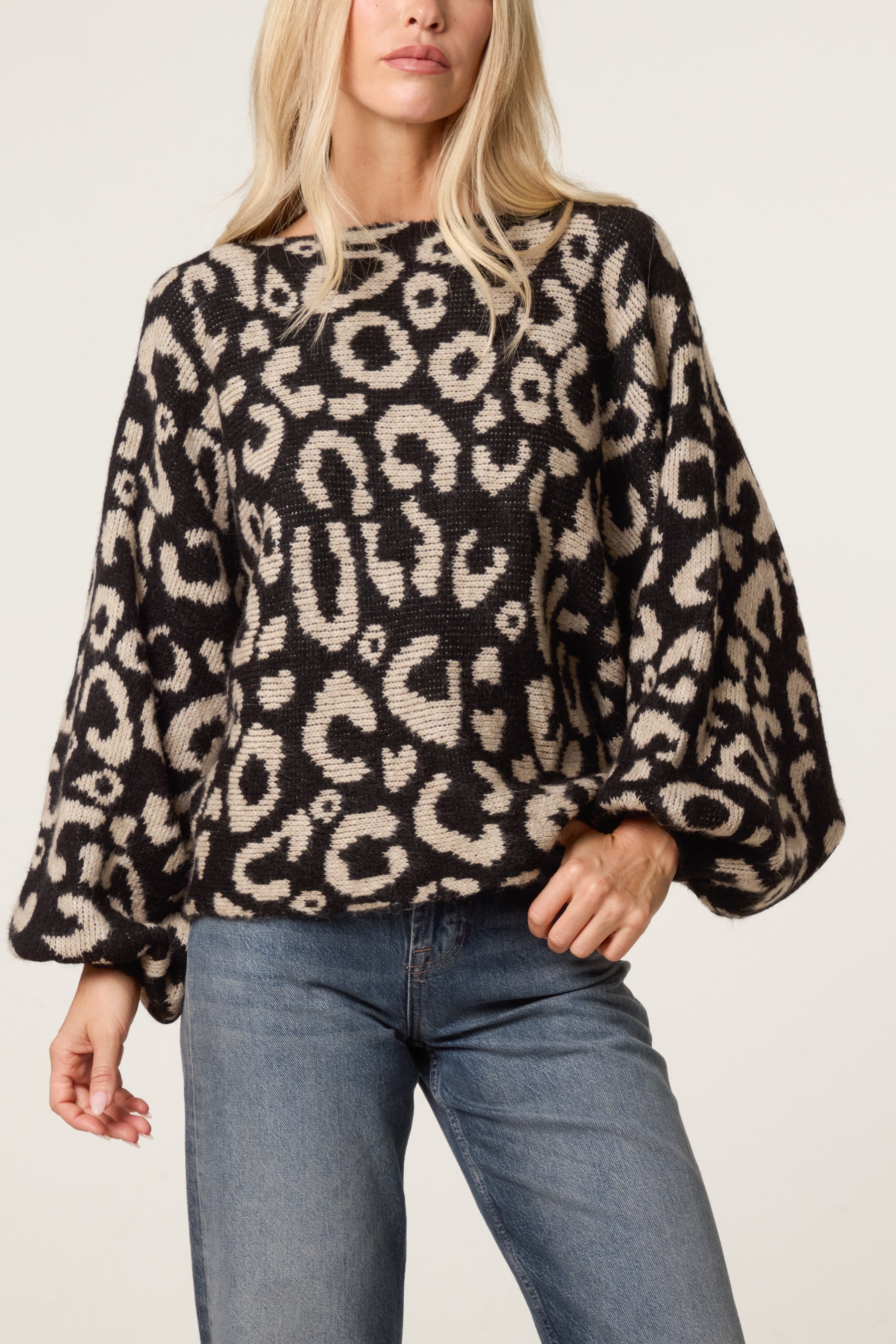 Leopard Print Balloon Sleeve Knit Jumper
