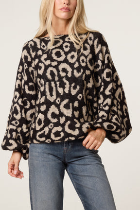 Leopard Print Balloon Sleeve Knit Jumper
