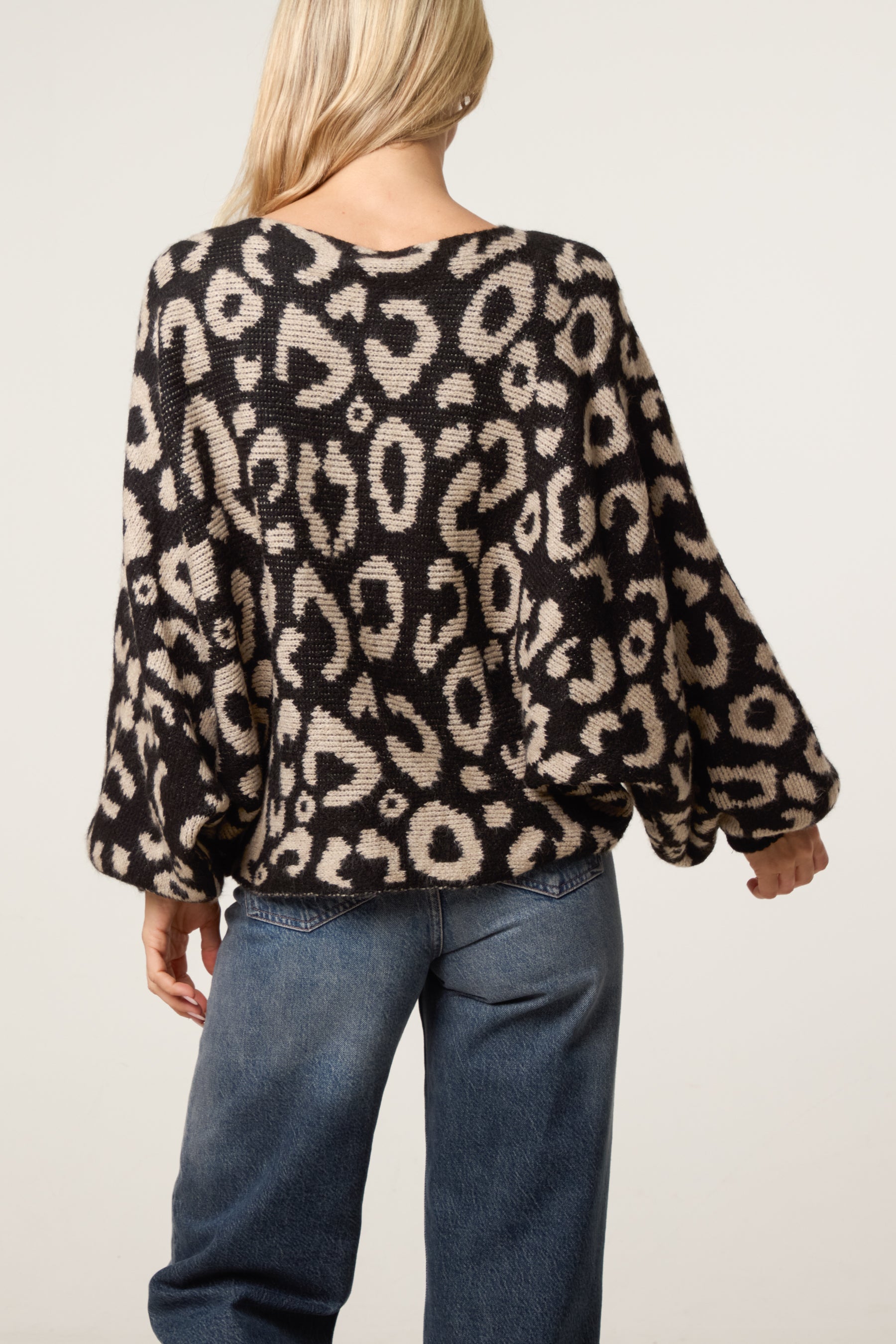 Leopard Print Balloon Sleeve Knit Jumper