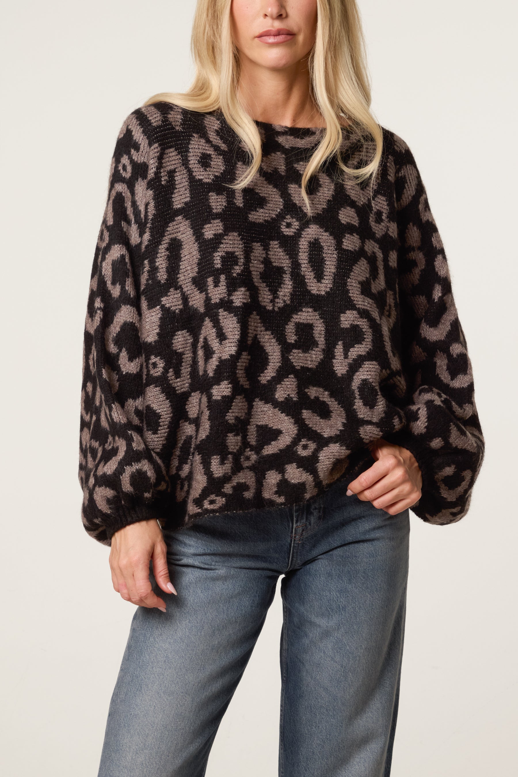 Leopard Print Balloon Sleeve Knit Jumper