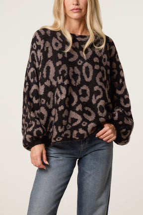 Leopard Print Balloon Sleeve Knit Jumper