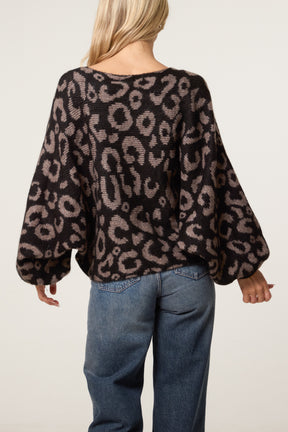 Leopard Print Balloon Sleeve Knit Jumper