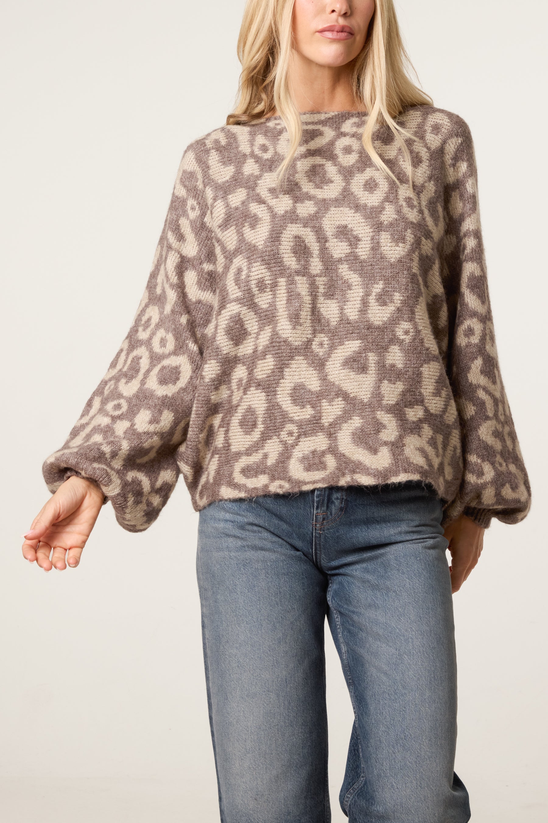 Leopard Print Balloon Sleeve Knit Jumper
