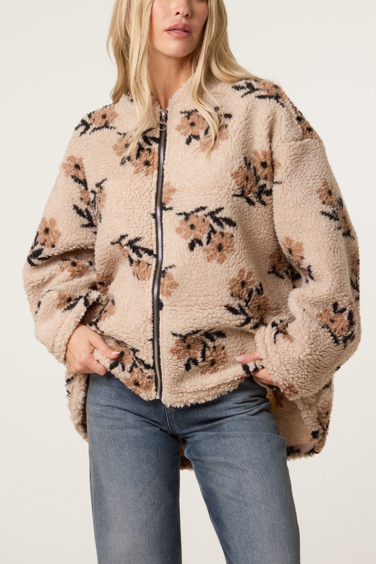 Floral Teddy Fleece Zip-Up Jacket