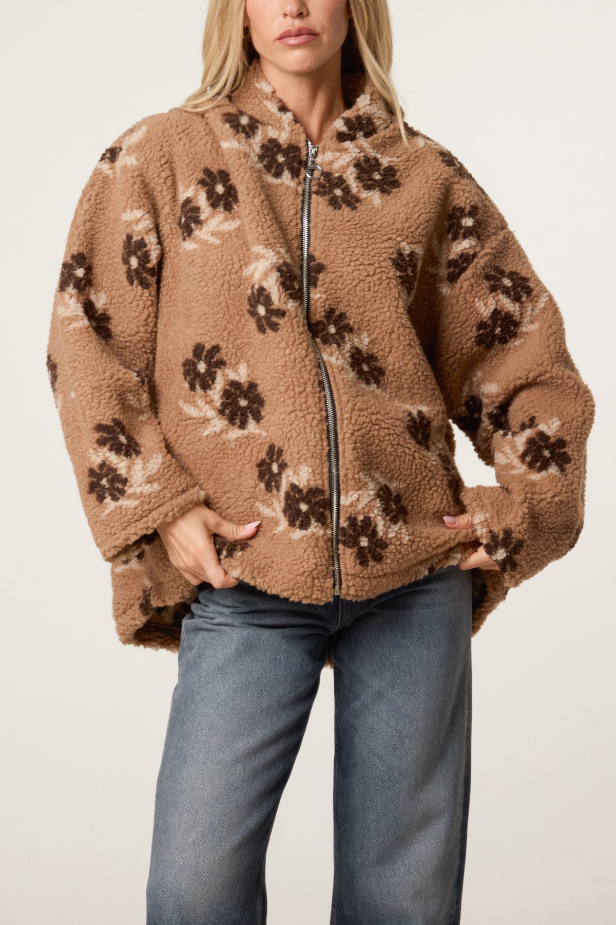 Floral Teddy Fleece Zip-Up Jacket