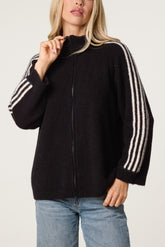 Striped Sleeve Zip-Through Knit Cardigan