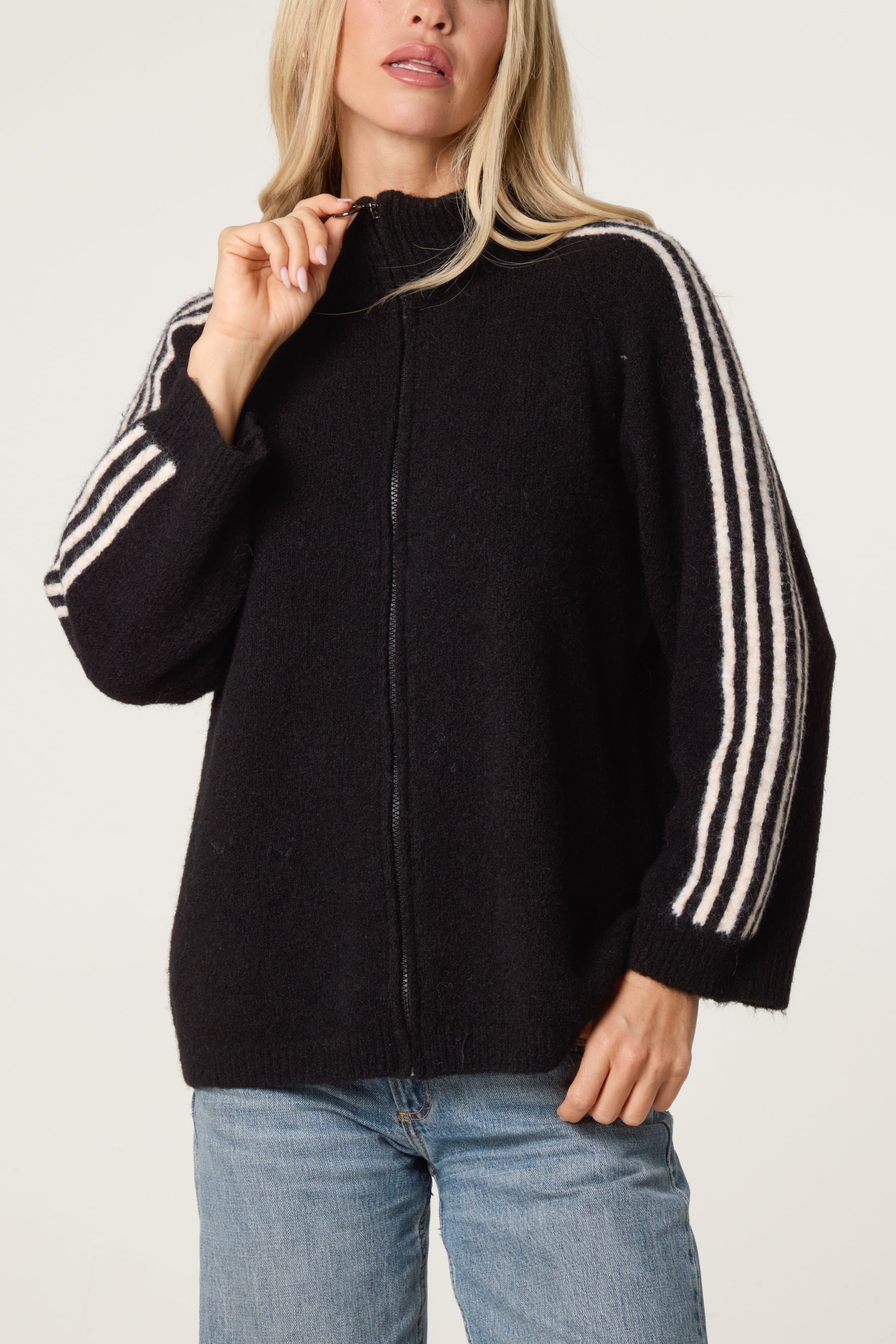 Striped Sleeve Zip-Through Knit Cardigan